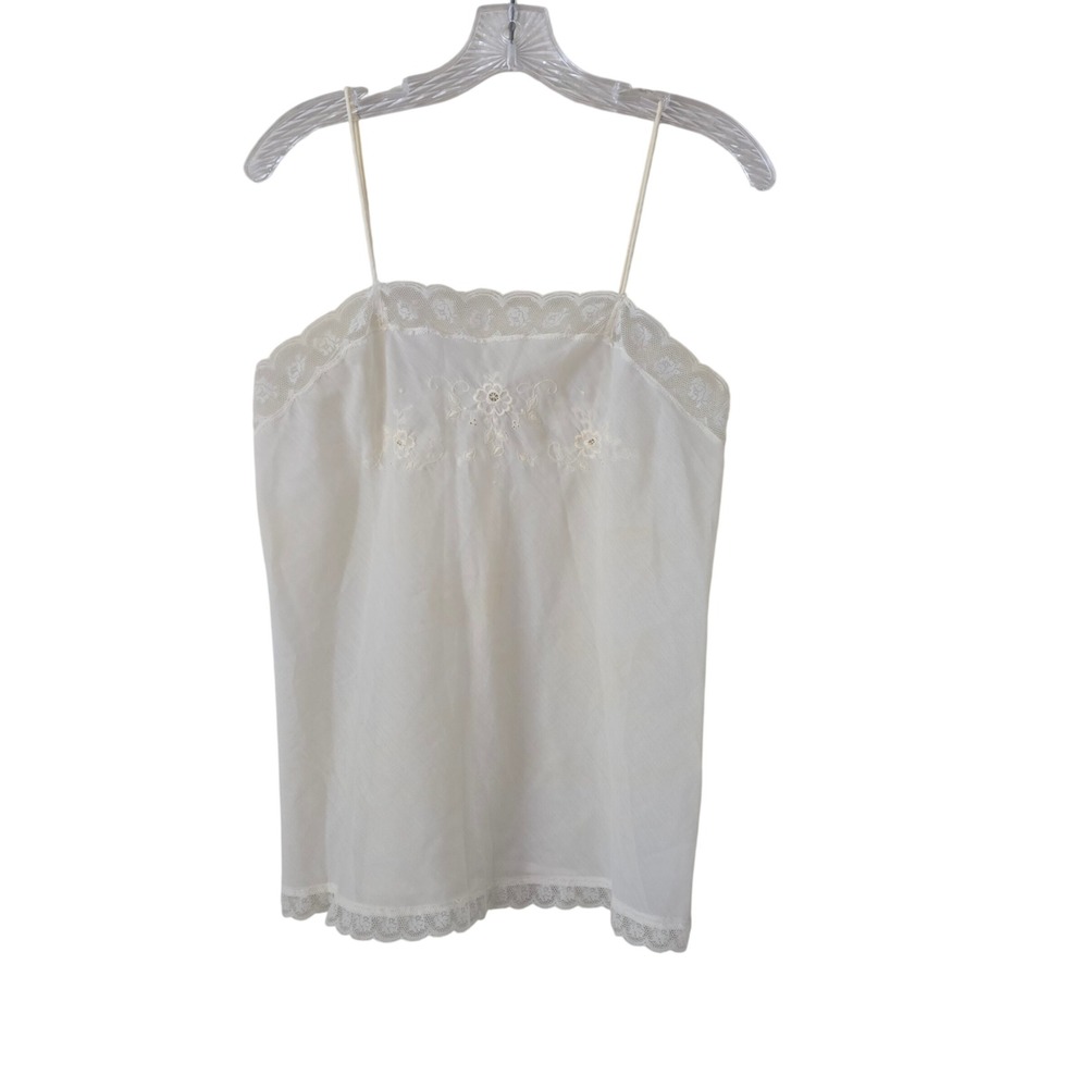 Vintage White Lace Trim Camisole Floral Embroidered Spaghetti Strap Top